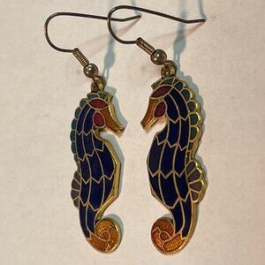 VTG Seahorse Cloisonné Dangle Drop Enamel Metal Earrings Collectible 1.5"x.5"